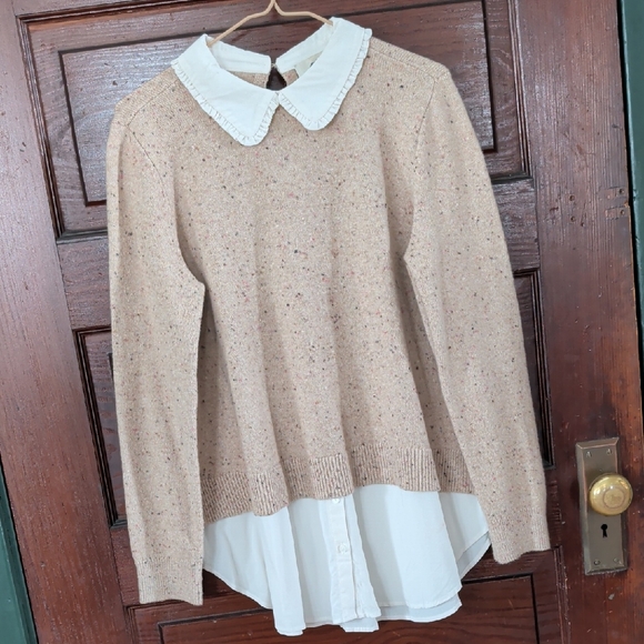 Neutral Marled Sweater Peter Pan Collar and Layered Shirt Hemline - Picture 1 of 12
